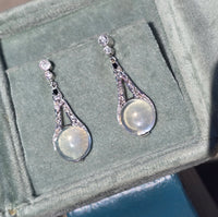 platinum Art Deco c.1920's moonstone, diamond and sapphire earrings dangle drops