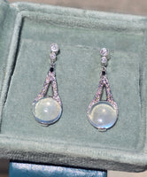 platinum Art Deco c.1920's moonstone, diamond and sapphire earrings dangle drops