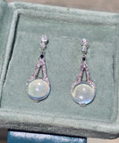 platinum Art Deco c.1920's moonstone, diamond and sapphire earrings dangle drops