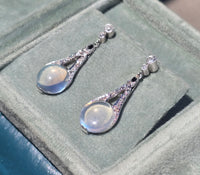 platinum Art Deco c.1920's moonstone, diamond and sapphire earrings dangle drops