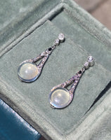 platinum Art Deco c.1920's moonstone, diamond and sapphire earrings dangle drops