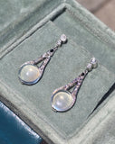 platinum Art Deco c.1920's moonstone, diamond and sapphire earrings dangle drops