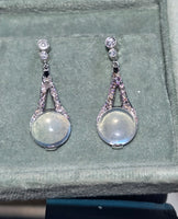 platinum Art Deco c.1920's moonstone, diamond and sapphire earrings dangle drops