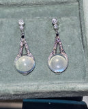 platinum Art Deco c.1920's moonstone, diamond and sapphire earrings dangle drops