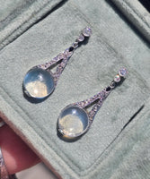 platinum Art Deco c.1920's moonstone, diamond and sapphire earrings dangle drops