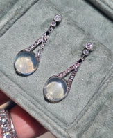 platinum Art Deco c.1920's moonstone, diamond and sapphire earrings dangle drops