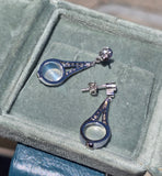 platinum Art Deco c.1920's moonstone, diamond and sapphire earrings dangle drops