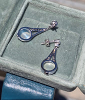 platinum Art Deco c.1920's moonstone, diamond and sapphire earrings dangle drops