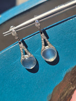 platinum Art Deco c.1920's moonstone, diamond and sapphire earrings dangle drops