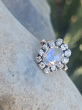 14k white gold Edwardian moonstone and old mine cut halo antique ring