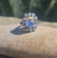 14k white gold Edwardian moonstone and old mine cut halo antique ring