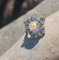 14k white gold Edwardian moonstone and old mine cut halo antique ring