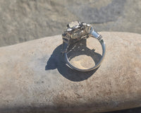 14k white gold Edwardian moonstone and old mine cut halo antique ring