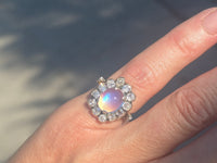 14k white gold Edwardian moonstone and old mine cut halo antique ring