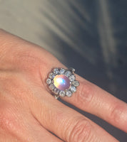14k white gold Edwardian moonstone and old mine cut halo antique ring