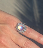 14k white gold Edwardian moonstone and old mine cut halo antique ring