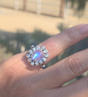 14k white gold Edwardian moonstone and old mine cut halo antique ring