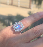 14k white gold Edwardian moonstone and old mine cut halo antique ring