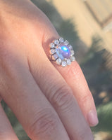 14k white gold Edwardian moonstone and old mine cut halo antique ring