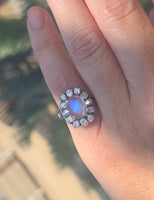 14k white gold Edwardian moonstone and old mine cut halo antique ring