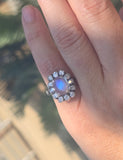 14k white gold Edwardian moonstone and old mine cut halo antique ring