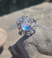 14k white gold Edwardian moonstone and old mine cut halo antique ring