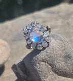 14k white gold Edwardian moonstone and old mine cut halo antique ring