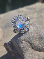 14k white gold Edwardian moonstone and old mine cut halo antique ring