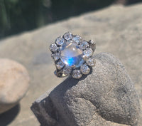 14k white gold Edwardian moonstone and old mine cut halo antique ring