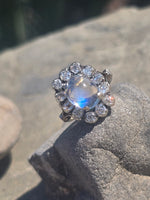 14k white gold Edwardian moonstone and old mine cut halo antique ring