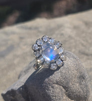 14k white gold Edwardian moonstone and old mine cut halo antique ring