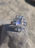 14k white gold Edwardian moonstone and old mine cut halo antique ring