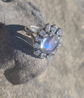 14k white gold Edwardian moonstone and old mine cut halo antique ring