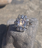 14k white gold Edwardian moonstone and old mine cut halo antique ring