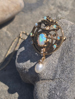 14k gold Victorian opal and pearl necklace pendant lavaliere pin brooch