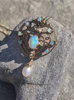 14k gold Victorian opal and pearl necklace pendant lavaliere pin brooch