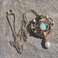 14k gold Victorian opal and pearl necklace pendant lavaliere pin brooch