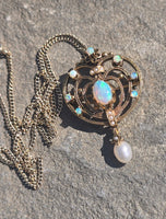 14k gold Victorian opal and pearl necklace pendant lavaliere pin brooch