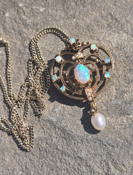 14k gold Victorian opal and pearl necklace pendant lavaliere pin brooch