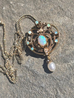 14k gold Victorian opal and pearl necklace pendant lavaliere pin brooch