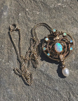 14k gold Victorian opal and pearl necklace pendant lavaliere pin brooch