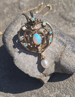 14k gold Victorian opal and pearl necklace pendant lavaliere pin brooch