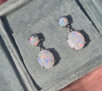 14k white gold Australian opal dangle estate earrings