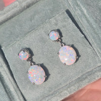 14k white gold Australian opal dangle estate earrings