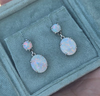 14k white gold Australian opal dangle estate earrings