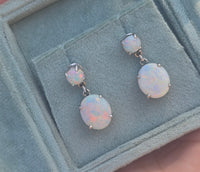 14k white gold Australian opal dangle estate earrings