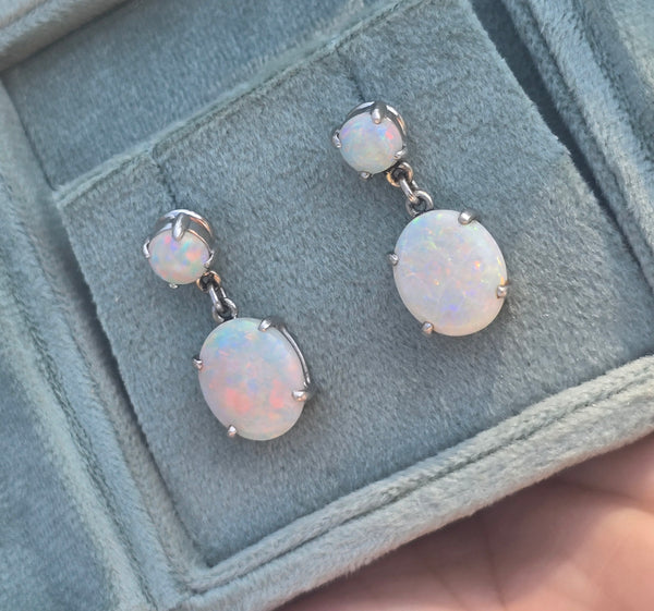 14k white gold Australian opal dangle estate earrings