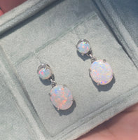 14k white gold Australian opal dangle estate earrings
