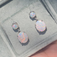 14k white gold Australian opal dangle estate earrings