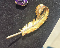 18k gold & platinum two tone diamond feather brooch pin - French hallmarks
